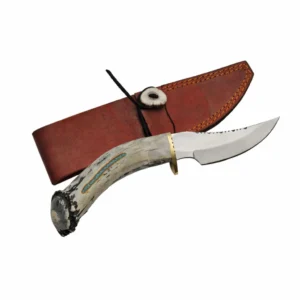 Axevar Deer Antler Skinning knife with turquoise inlay and leather sheath.