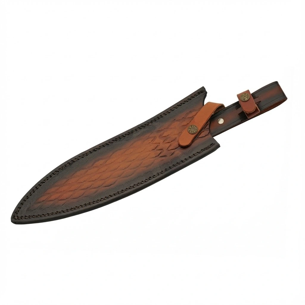 tooled-leather-sheath-hunting-knife Brown tooled leather sheath with snap closure for large fixed blade.