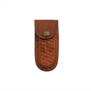 Front view of a brown leather knife sheath featuring a textured basketweave design and snap button closure.
