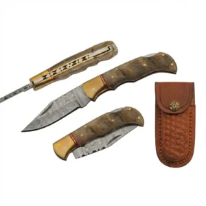 damascus Steel folding knife, patterned Damascus steel blade, ram horn handle, and matching leather sheath.