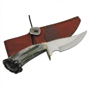 Axevar Elk Antler stainless steel skinner hunting knife with leather sheath.