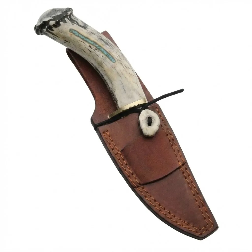 deer-antler-skinner-brown-leather-sheath Angled view of the deer antler hunting knife secured inside a stitched brown leather sheath.
