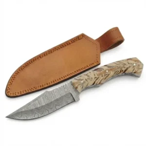 Snowpeak Hunter Damascus skinning knife with stitched tan leather sheath.