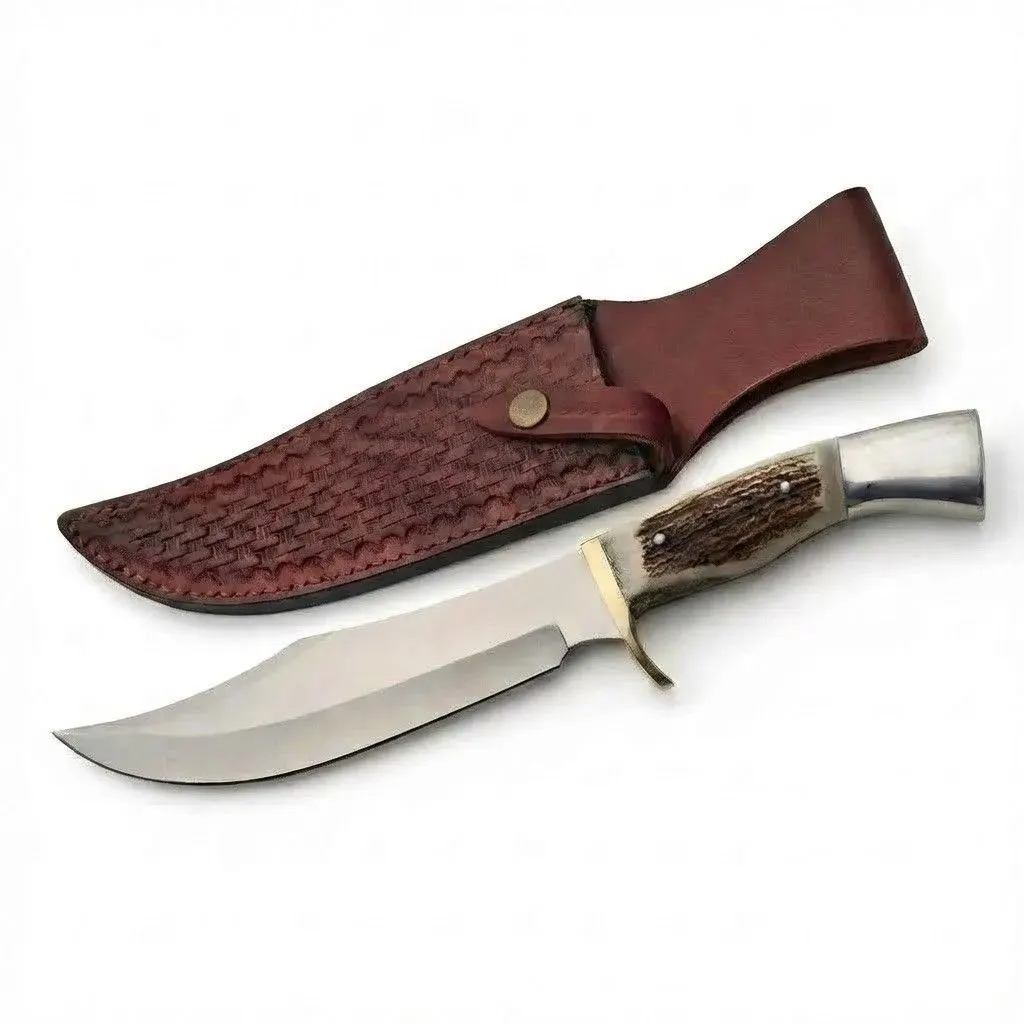 stag-handle-bowie-knife-iron-cougar-ii-full-view 13.5 inch iron cougar II bowie knife fixed blade for hunting with leather sheath.
