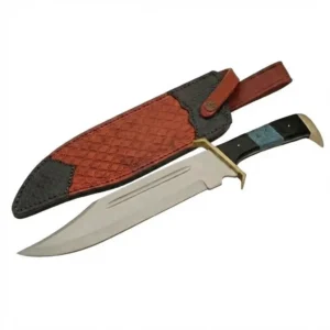 Turquoise Monster stainless steel Bowie hunting knife displayed alongside its custom two-tone textured leather sheath.