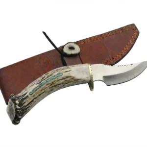 Axevar Deer Antler Skinning knife with turquoise inlay and leather sheath.