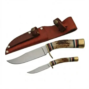 Steel stag handle hunting knife set and leather sheath.