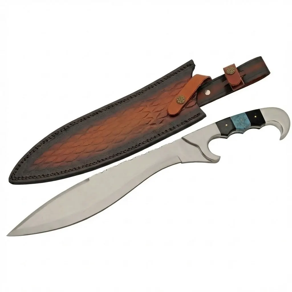 falcata-style-bowie-knife-full-view Full view of Falcata 18-inch Kukri Machete Style Bowie knife with faux turquoise handle and leather sheath.