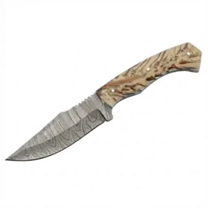 Full view of the Snowpeak Hunter fixed blade knife featuring a wavy Damascus steel blade and swirl-patterned handle.