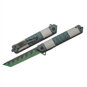 Closed and open views of Green Wave Tanto knife featuring black and green wave design on a 3Cr13 stainless steel blade