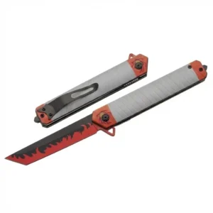 Tanto Tactical Rescue Knife shown in both open and closed positions to display the flame blade and pocket clip.