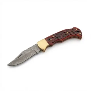 Red Bone Damascus Folding Knife with jigged red bone handle and brass bolsters