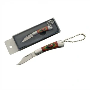 keychain folding knife in protective packaging showing blade profile