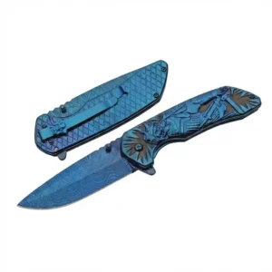 Close-up of a samurai warrior etching on a blue stainless steel folding knife handle.