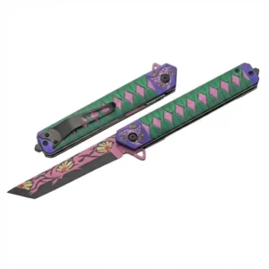 Detail shot of the 3Cr13 steel blade and pivot mechanism on the Kokushibo Purple Green Tanto knife