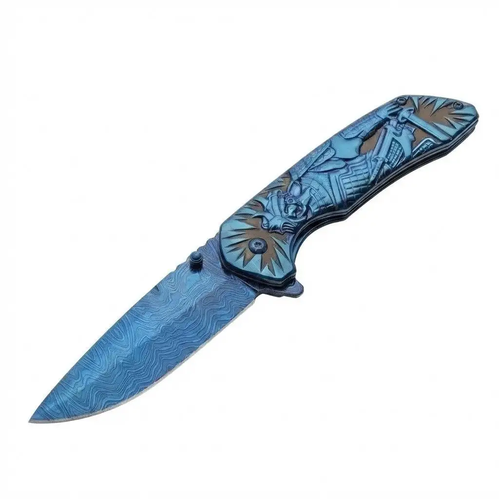 blue-samurai-folding-knife-damascus-pattern. Open blue folding knife featuring a wavy blade pattern and sculpted Samurai warrior handle design.