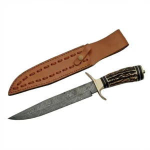 Custom Damascus Survival Knife inserted in leather belt sheath