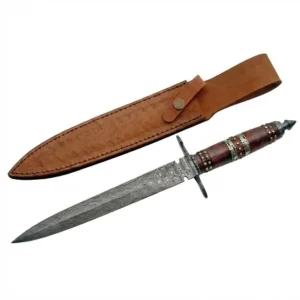 Damascus Dagger with Polished Wood Handle with brass pins and intricate metal filework on a Damascus dagger