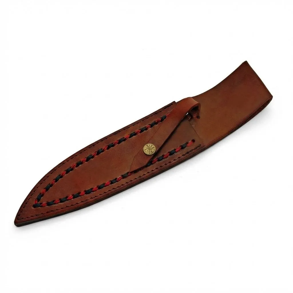 leather-knife-sheath-decorative-stitching. Brown leather knife sheath with red and black braided stitching