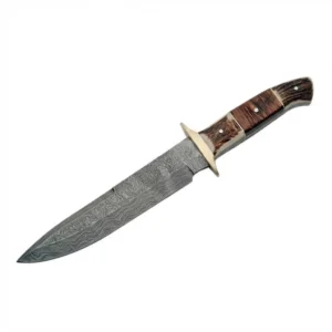 Full profile view of Damascus steel bowie knife with clip point blade