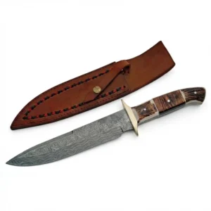 Professional Damascus Hunting Knife with brown leather sheath and decorative stitching