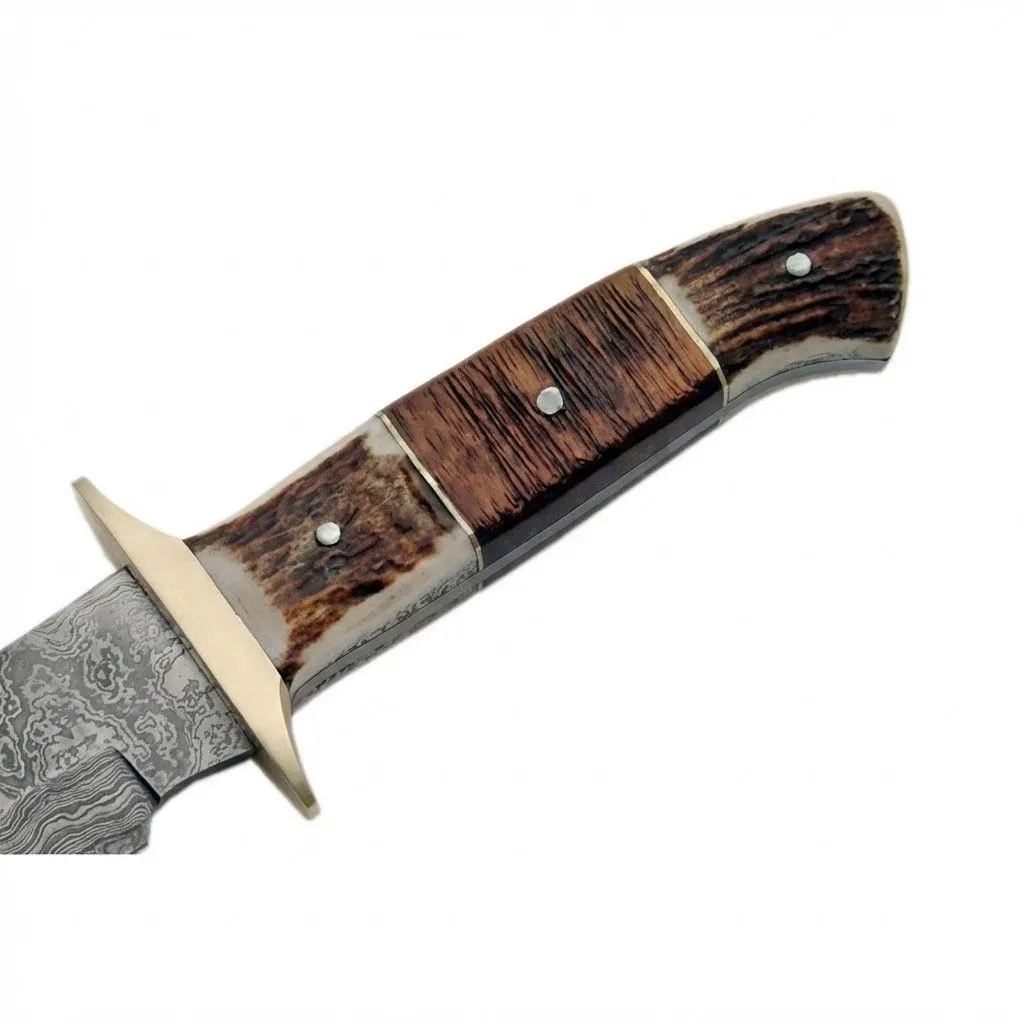 stag-and-wood-knife-handle-detail. Close up of segmented stag antler and wood handle with brass spacers