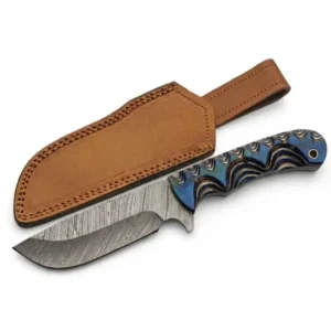 Damascus steel fixed blade knife with a blue wavy pattern handle and a brown leather sheath on a white background.