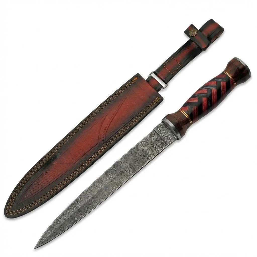 damascus-steel-dirk-braided-handle. Full view of 18 inch damascus scottish dirk with matching leather sheath