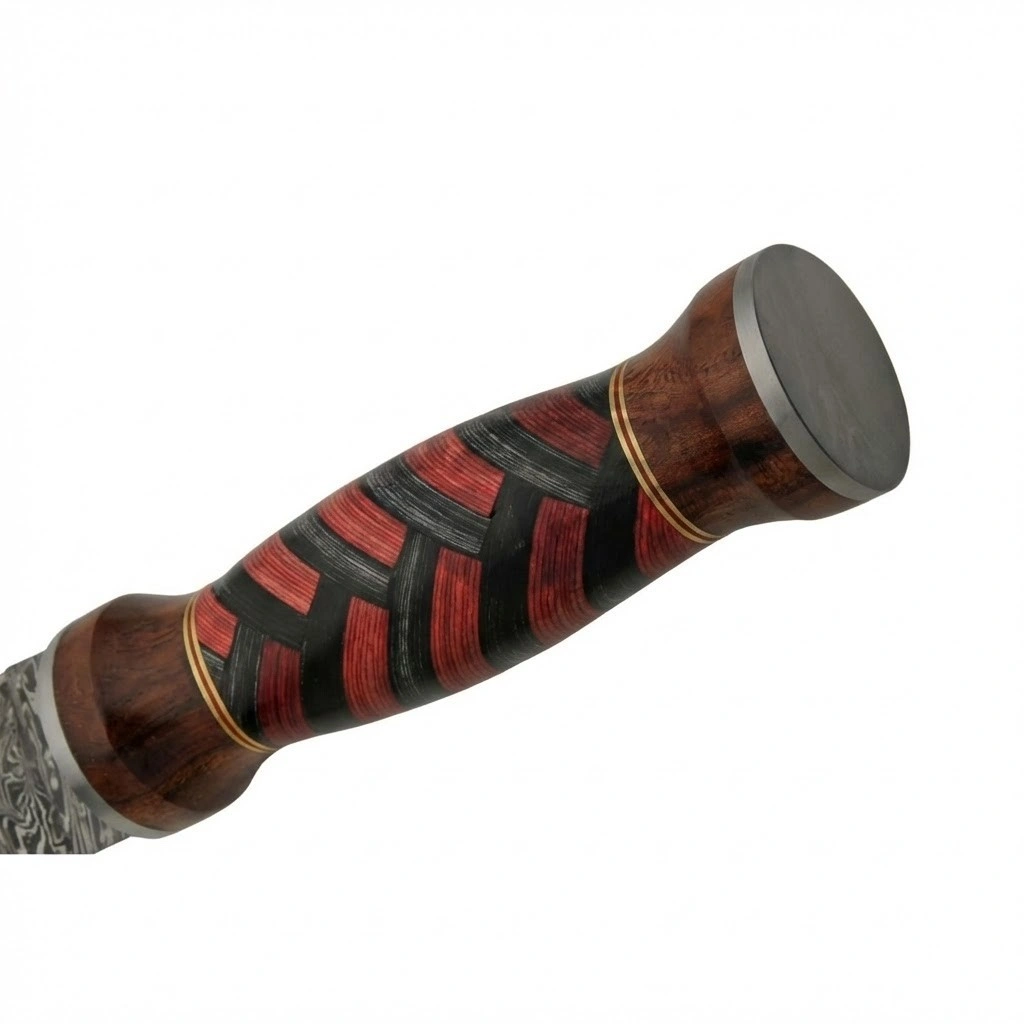 braided-colorwood-handle-detail. Close up of red and black braided wood handle with brass spacers