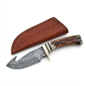 Damascus Steel Gut Hook Skinner knife with gut hook and stag antler handle.