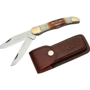 Bone Handle Folding Knife open with two blades and embossed leather sheath.