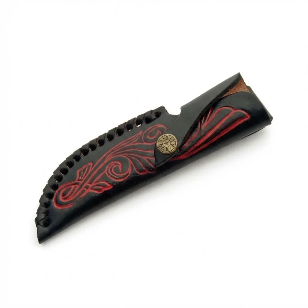 damascus-skinner-knife-and-sheath-pair White tail stag hunting knife displayed next to its custom leather sheath