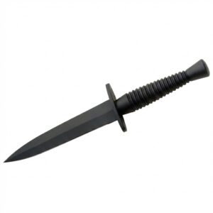 Ribbed cast metal handle on black commando knife.