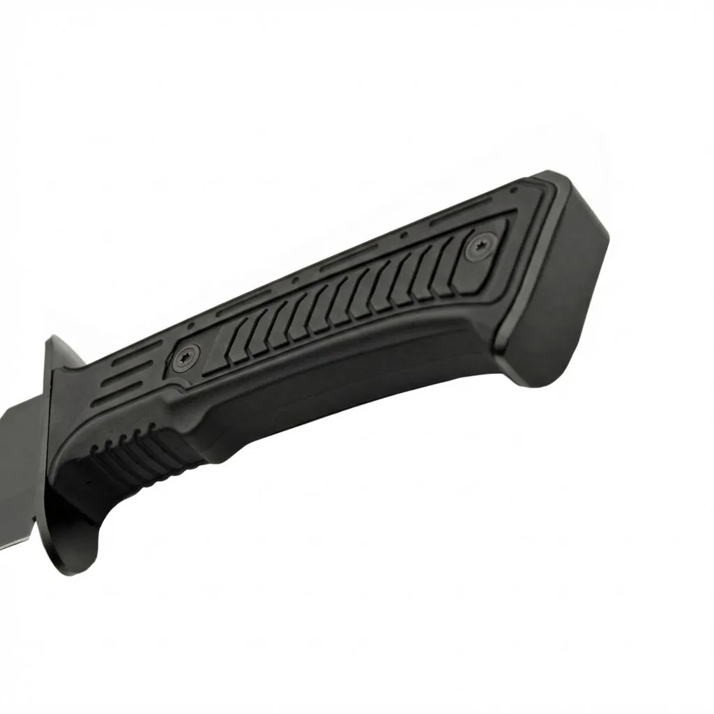 sawback-spine-detail-bowie-knife Detail view of serrated sawback spine on black knife blade.