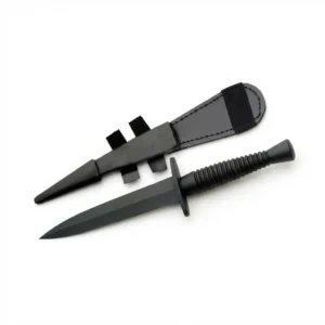 Black commando Fairbairn-Sykes dagger fixed blade with leather sheath.