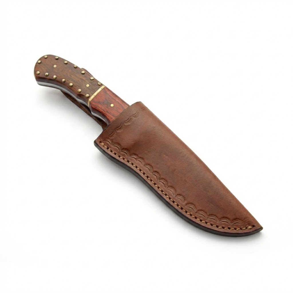 fixed-blade-knife-with-leather-sheath Studded Skinner knife positioned next to brown leather belt sheath.