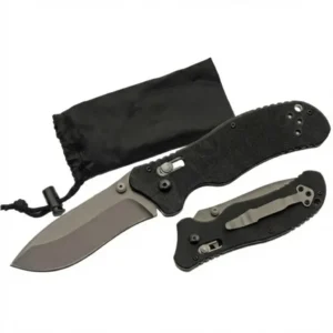 tactical folding knife showing the open knife, closed view with pocket clip, and black drawstring storage pouch.