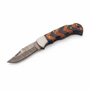 Damascus Steel Folding knife with blue and natural wood chevron handle