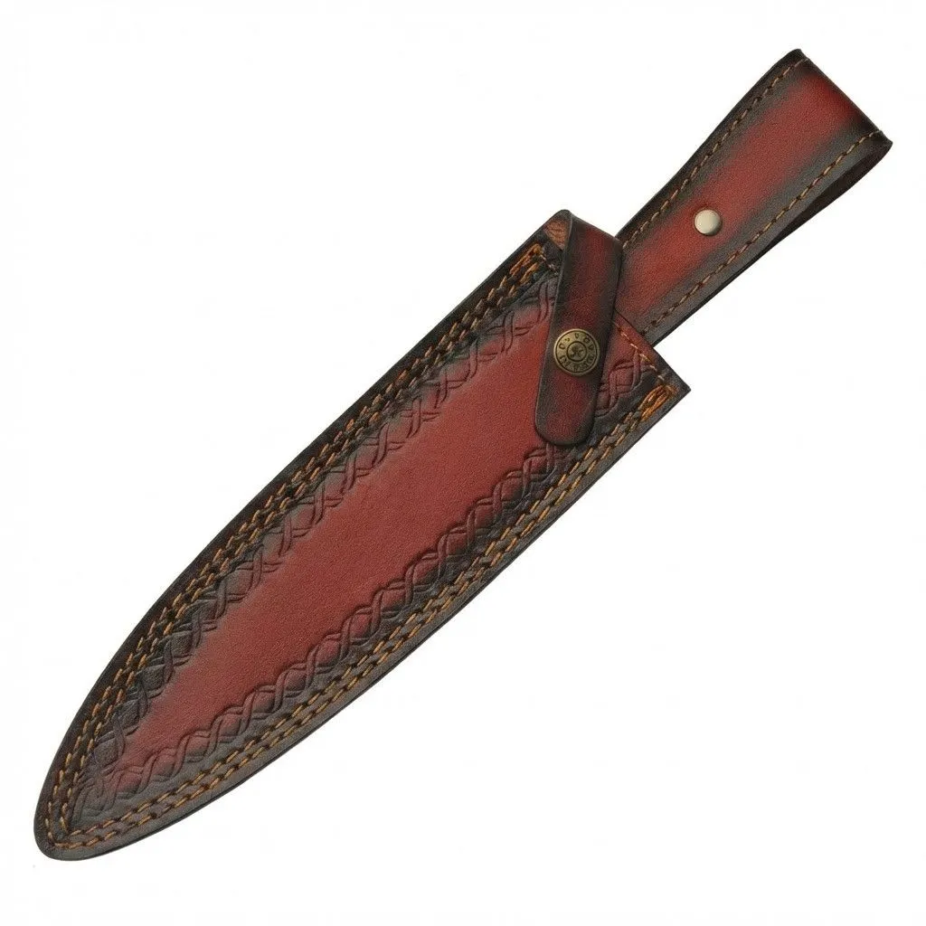 braided-dagger-leather-sheath. Custom red leather sheath with lacing for fixed blade dagger