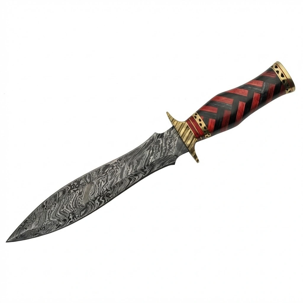 braided-dagger-full-profile-damascus. Full view of Damascus steel dagger with brass guard and pommel