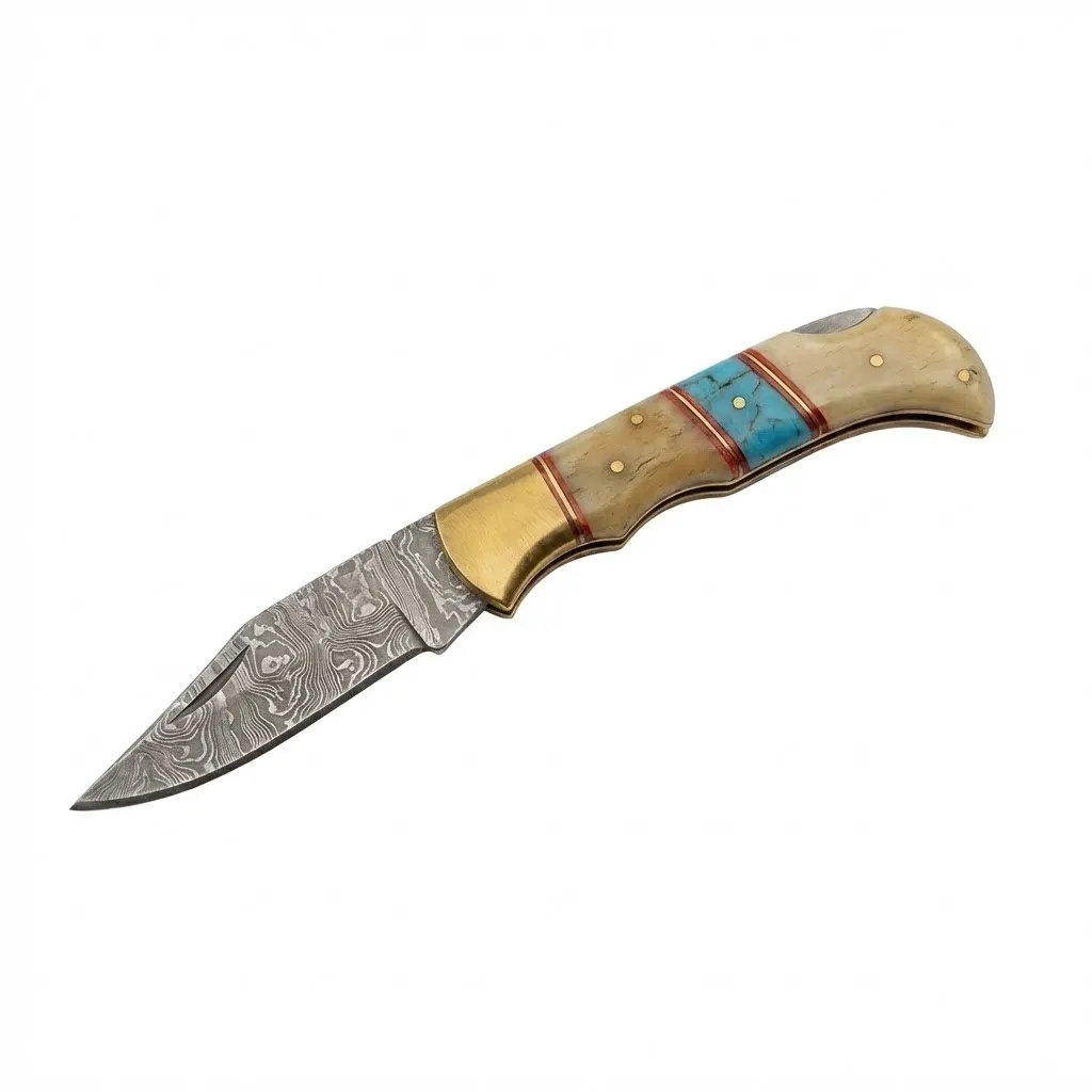damascus-folding-knife-turquoise-bone-handle. Open folding knife with Damascus steel blade and bone handle with turquoise inlay.