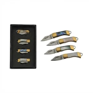 Mother of Pearl Miniature Knife set displayed inside a black foam-lined gift box alongside four open knives with brass accents.