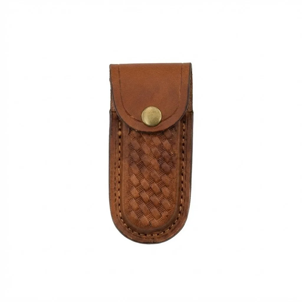 brown-leather-knife-sheath-basket-weave. Brown leather knife sheath featuring a textured basket weave pattern and brass snap.