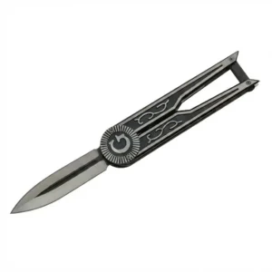 Fully open Masonic dagger knife featuring a double-edged silver spear point blade and black compass-style handle.