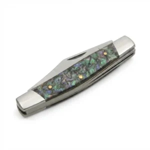 Closed stockman pocket knife featuring purple pearl resin handle and polished bolsters.