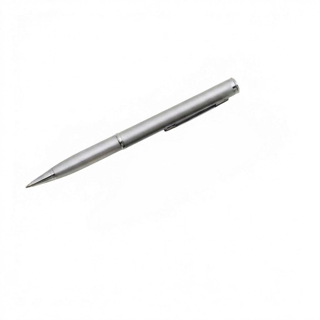 stainless-steel-pen-knife-silver-closed. Silver executive pen knife in closed position, designed to look like a standard writing instrument.