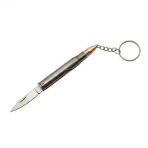 Stainless steel folding knife shaped like a rifle cartridge with blade extended and keychain ring attachment.