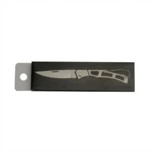 Minimalist stainless steel folding knife secured inside a black presentation box with a clear display window.