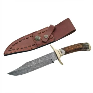 Handmade Damascus hunting knife with stag handle and leather sheath