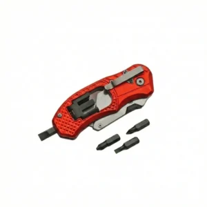 Red utility knife blister pack with spare blades and bits